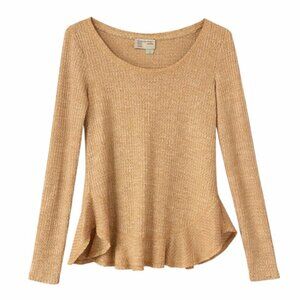 ANTHROPOLOGIE Saturday Sunday Gold Ribbed Long Sleeve Peplum Hem Top - Size XS
